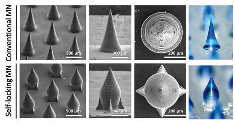 図7 従来のマイクロニードルとセルフロックマイクロニードルのSEMおよび光学像